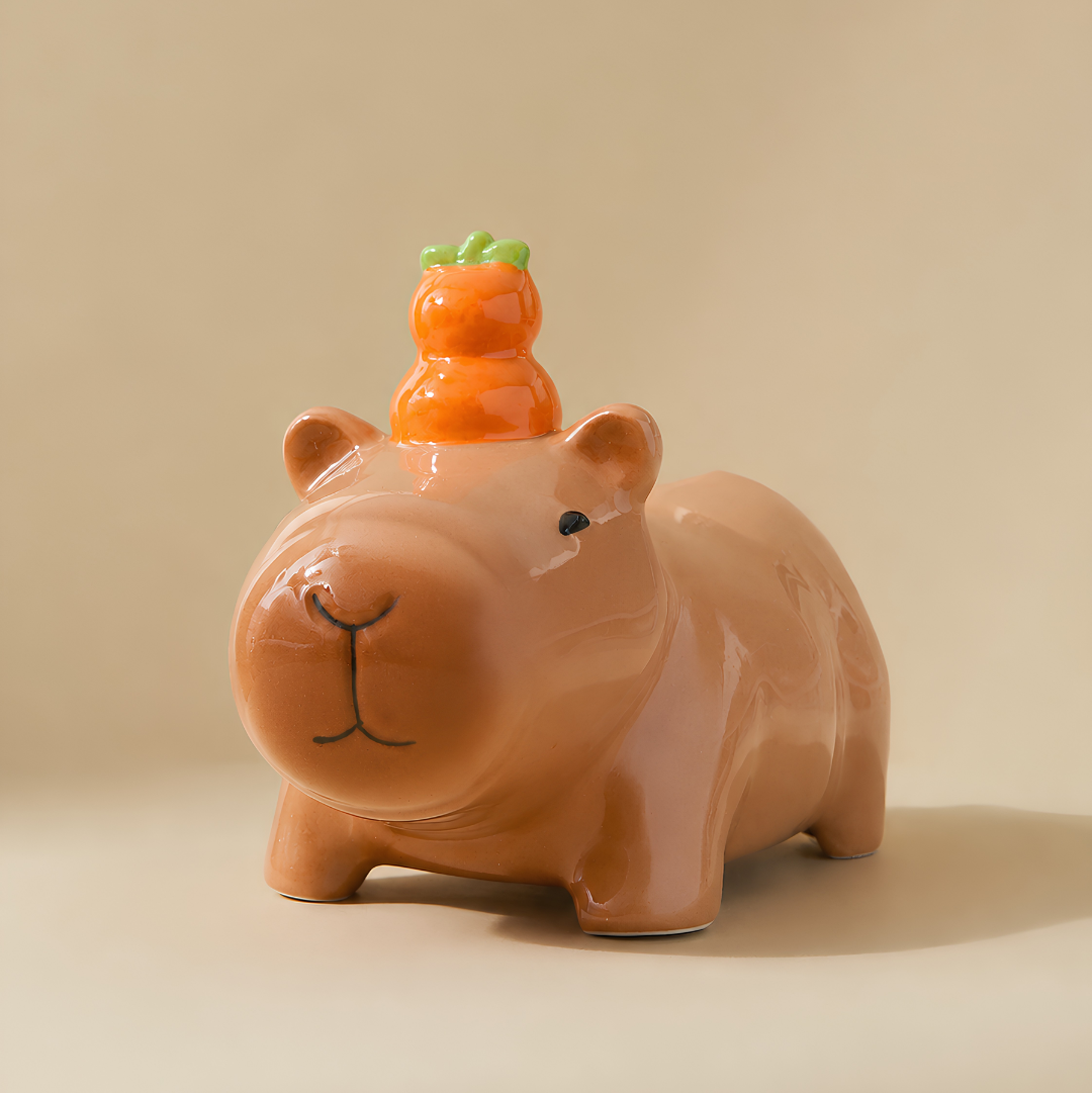 A glossy ceramic capybara figurine in a warm peach-orange color, featuring a small yuzu with green leaves balanced on its nose, set against a solid beige background.
