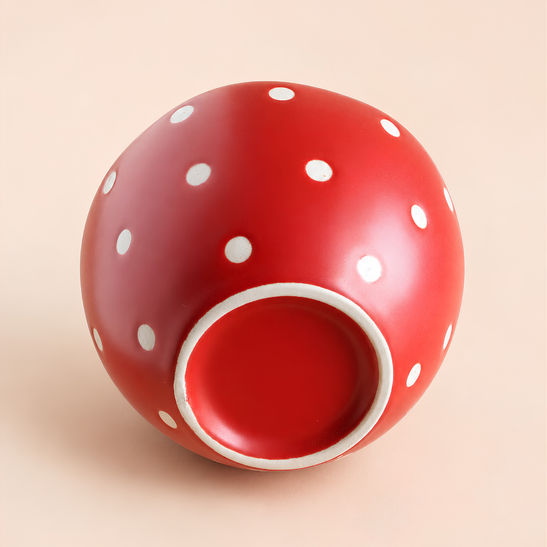 A glossy red ceramic bowl with white polka dots, shown from an overhead angle on a solid light beige background.