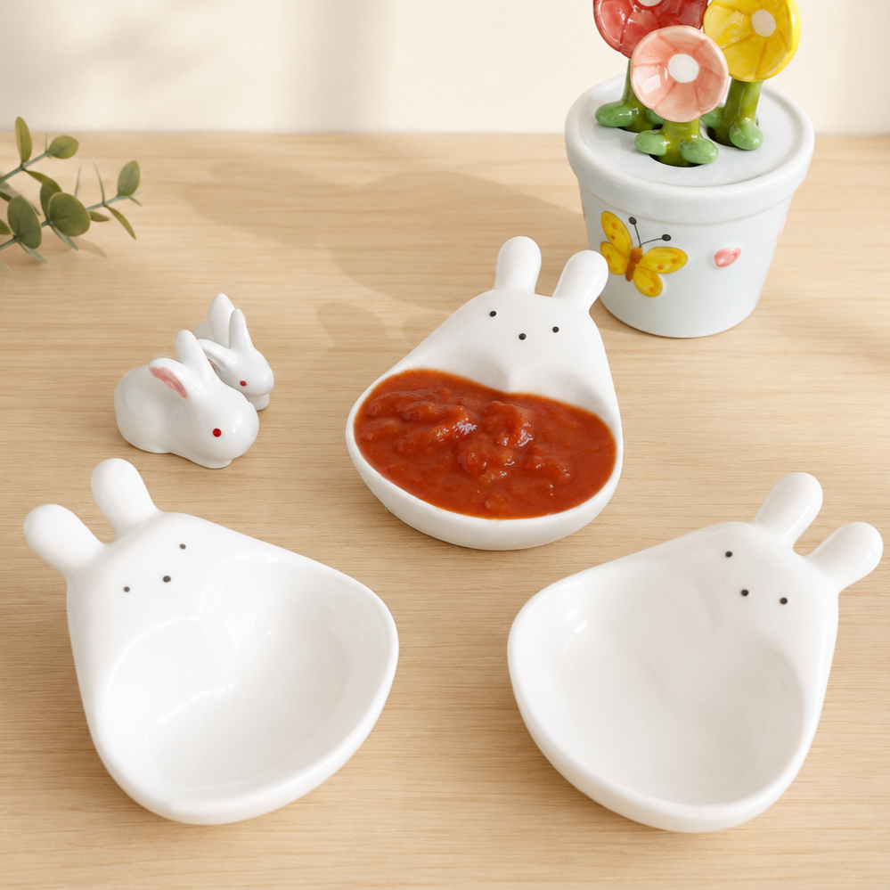 Three white ceramic bunny-shaped bowls with small black eyes and noses are arranged on a light wood surface. One bowl contains red sauce, and a small decorative flower pot sits in the background.