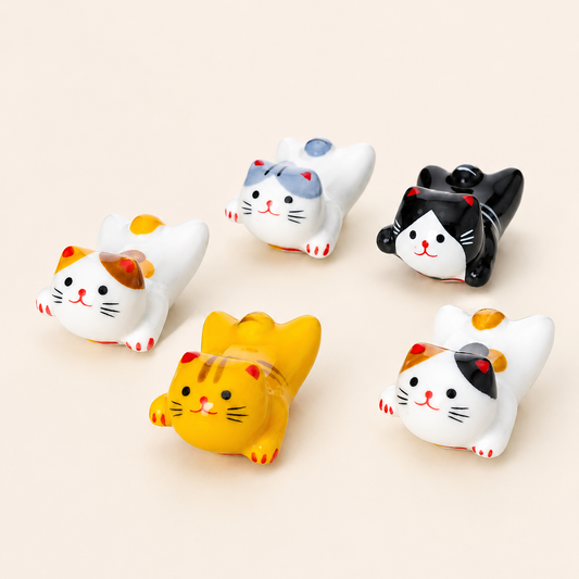 Five small cat figurines in different colorways arranged on a plain warm beige background. The cats include white, black, yellow, and calico designs with simple facial features.