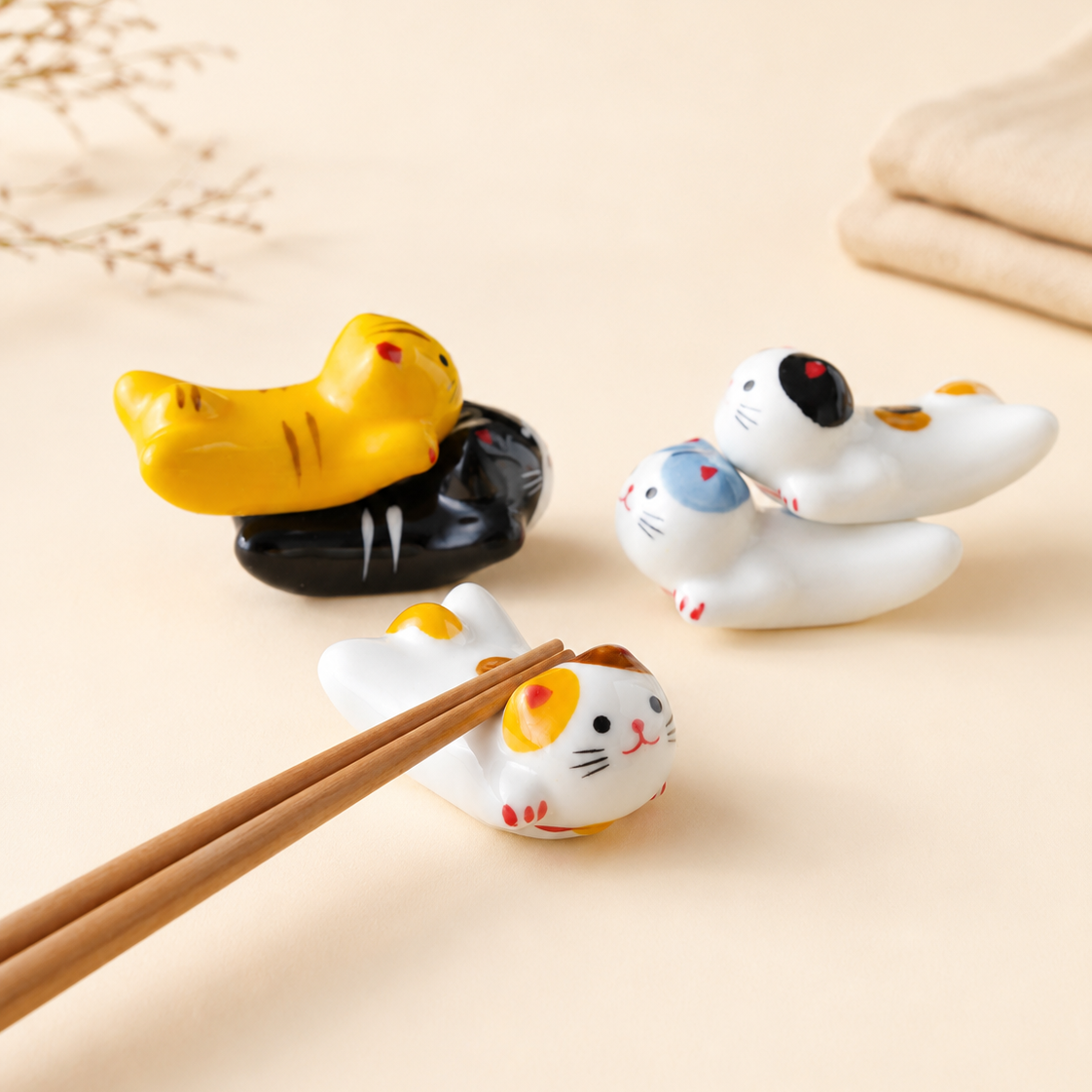 Four ceramic cat figurines in assorted colors arranged on a light beige surface, with a pair of wooden chopsticks resting on one of the white cat figures.