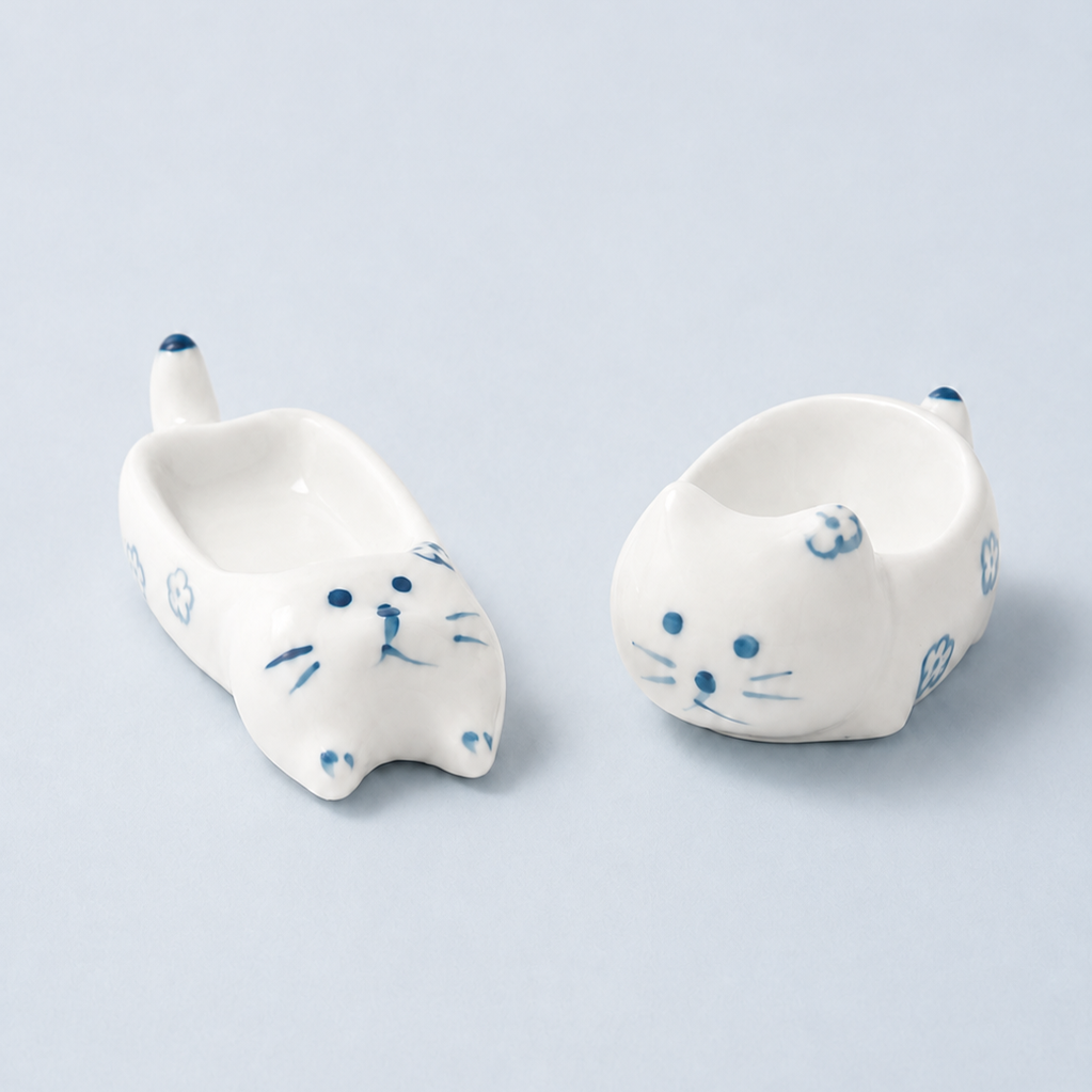 Two small white ceramic cat-shaped dishes with blue hand-painted details, shown on a light blue-gray background.