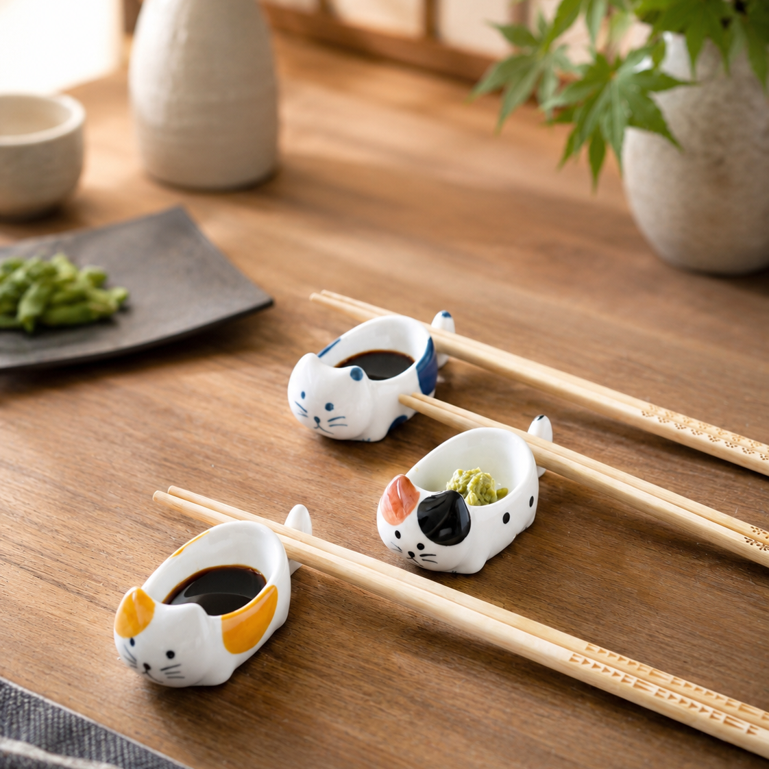 Three white cat-shaped chopstick holders with colorful ear and face details, shown on a wooden table with chopsticks resting inside them. One holder contains dark soy sauce, one contains green wasabi, and one holds green wasabi and a small piece of ginger.