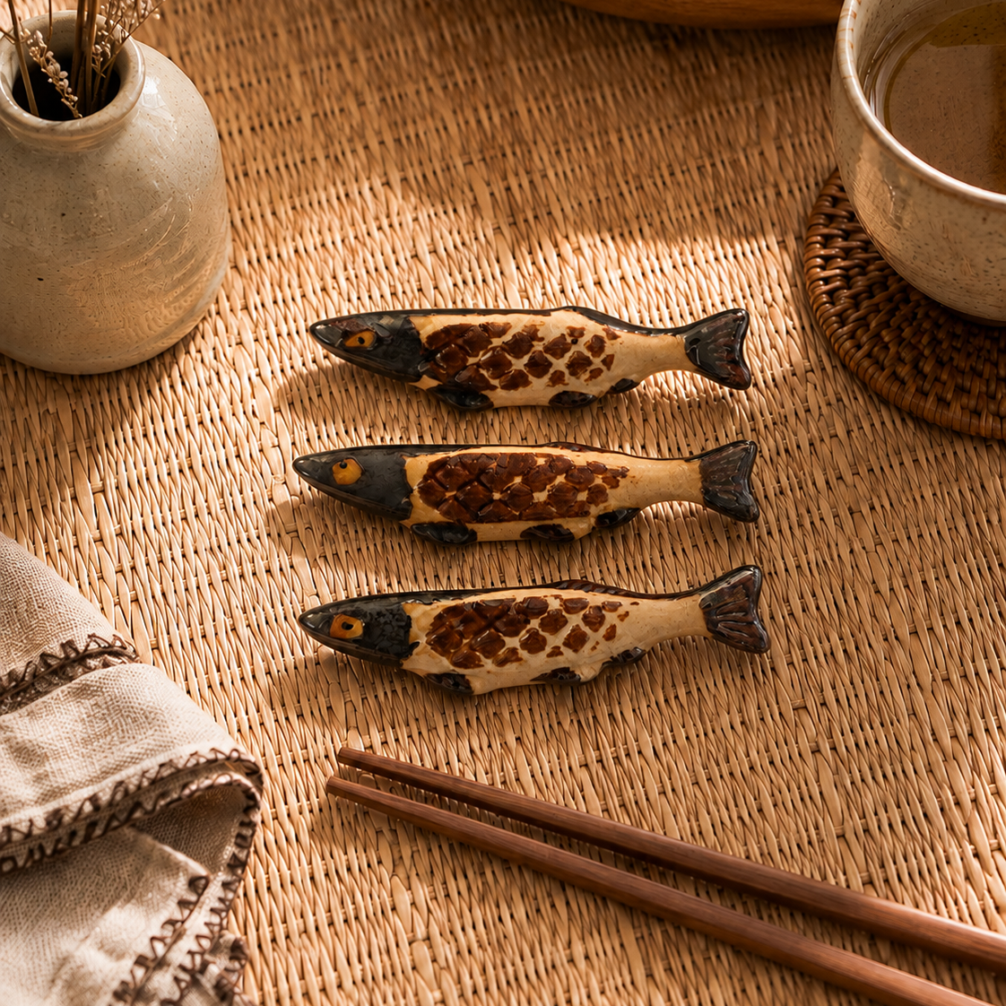 Three small fish-shaped ceramic chopstick rests with a brown and cream patterned scale design are arranged on a woven straw placemat next to wooden chopsticks, a small vase with dried flowers, and a cup of tea.