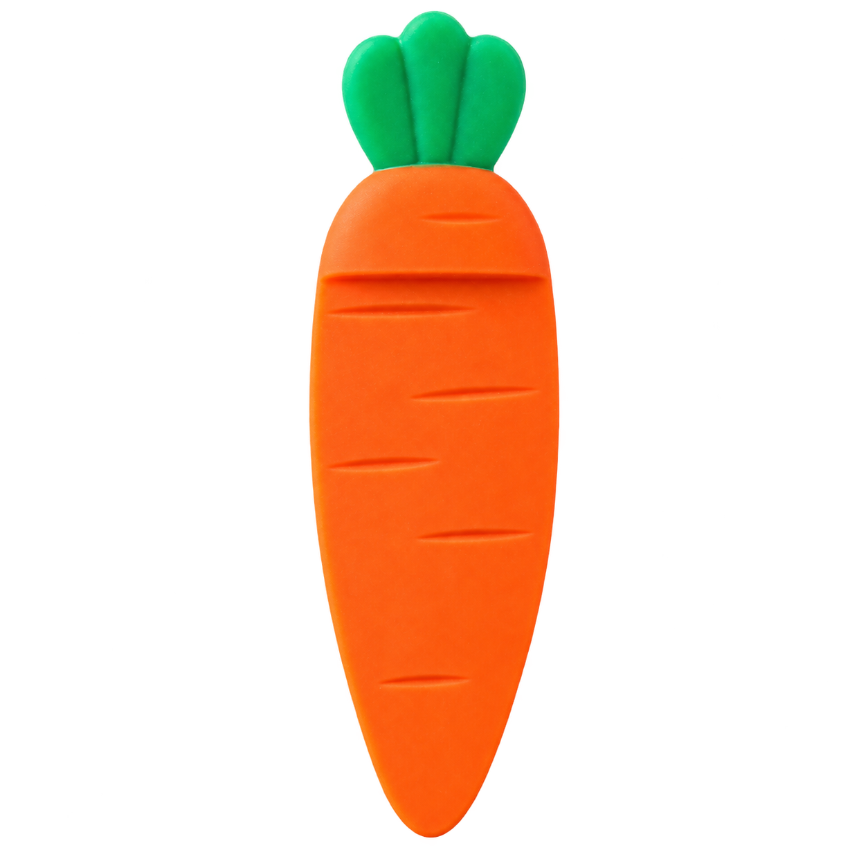 A stylized orange carrot-shaped bookmark with green leafy tops, centered on a plain white background.
