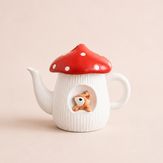 A white ribbed ceramic teapot shaped like a mushroom, featuring a red cap with white polka dots and a small animal a squrriel  peeking out from the side, set against a solid pale pink background.