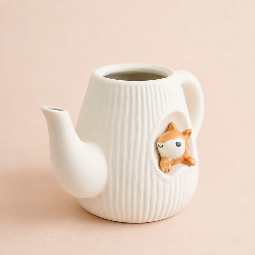 A white ribbed ceramic teapot with a small orange and white cartoon squirrel peeking out from the side, set against a solid pale pink background.