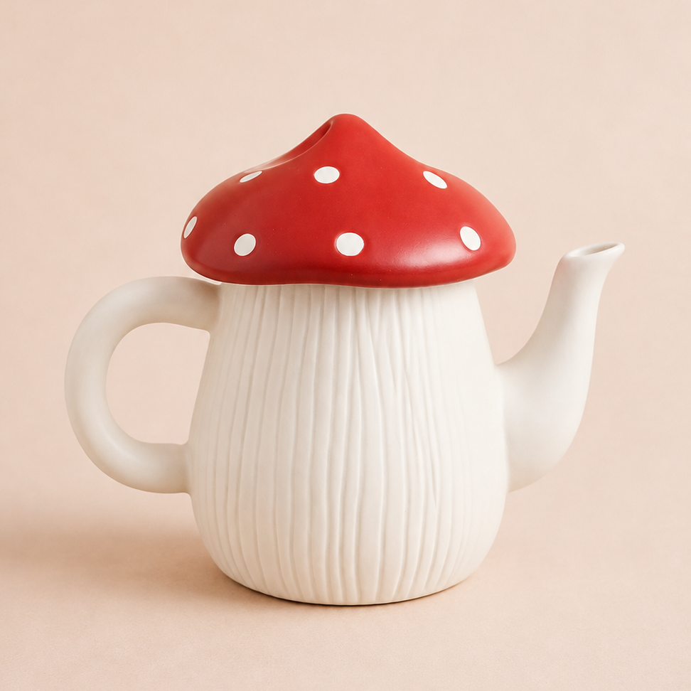 A ceramic mushroom-shaped teapot with a ribbed white body and a glossy red lid featuring white polka dots, set against a solid pale peach background.