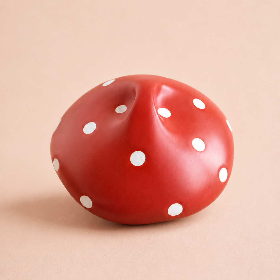A red mushroom-shaped decorative object or teapot cover with white polka dots, photographed on a plain beige background.