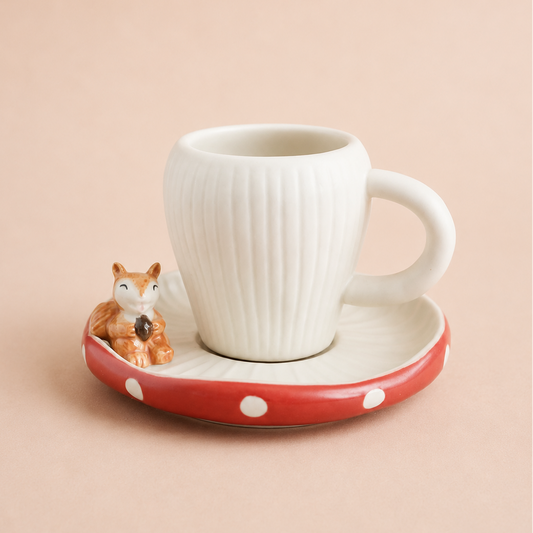 A white ribbed ceramic mug with a matching saucer, styled with a small orange-and-white squirrel figurine sitting on the rim. The saucer features a red border with white polka dots.