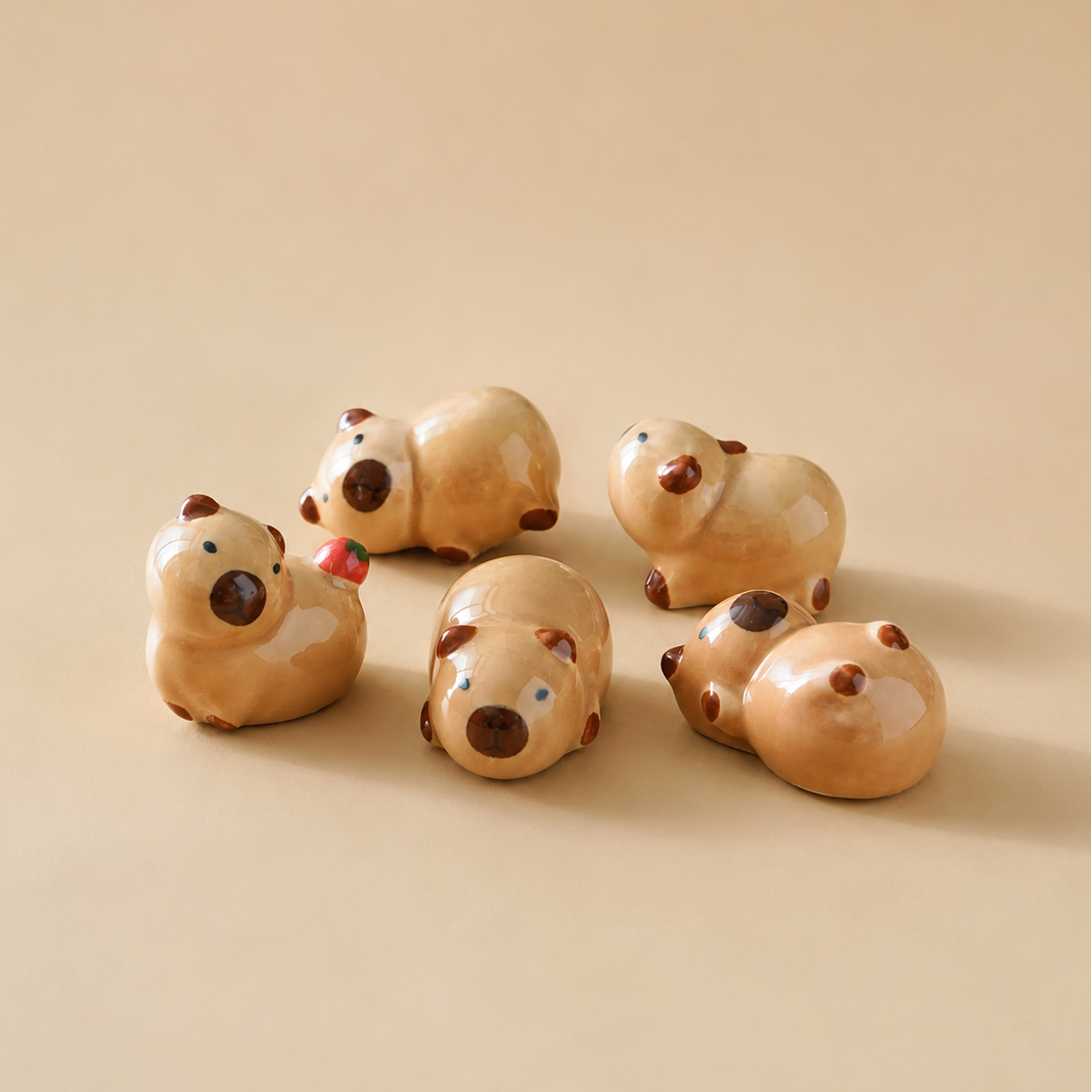 Five small ceramic animal capybara figurines in a warm beige glaze, arranged on a plain beige background.