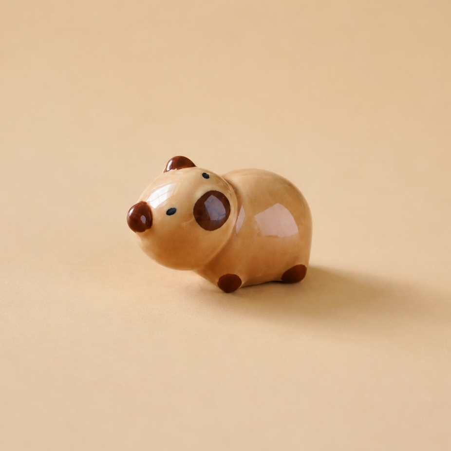 A small ceramic animal figurine, shaped like a capybara, in a glossy light beige glaze with dark brown accents on its snout, ears, eyes, and feet, set against a solid warm beige background.