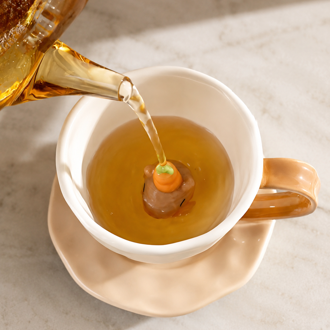 Amber tea being poured into a white ceramic capybara teacup, with a 3D capybara head and tiny yuzu fruit appearing inside the cup on a matching saucer.