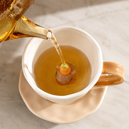 Amber tea being poured into a white ceramic capybara teacup, with a 3D capybara head and tiny yuzu fruit appearing inside the cup on a matching saucer.
