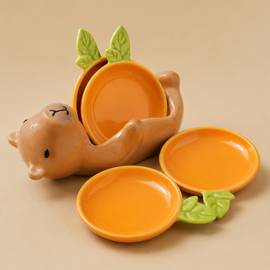 A ceramic set of orange-shaped plates and a matching holder shaped like a capybara holding two orange plates, with green leaf handles, on a warm beige background.