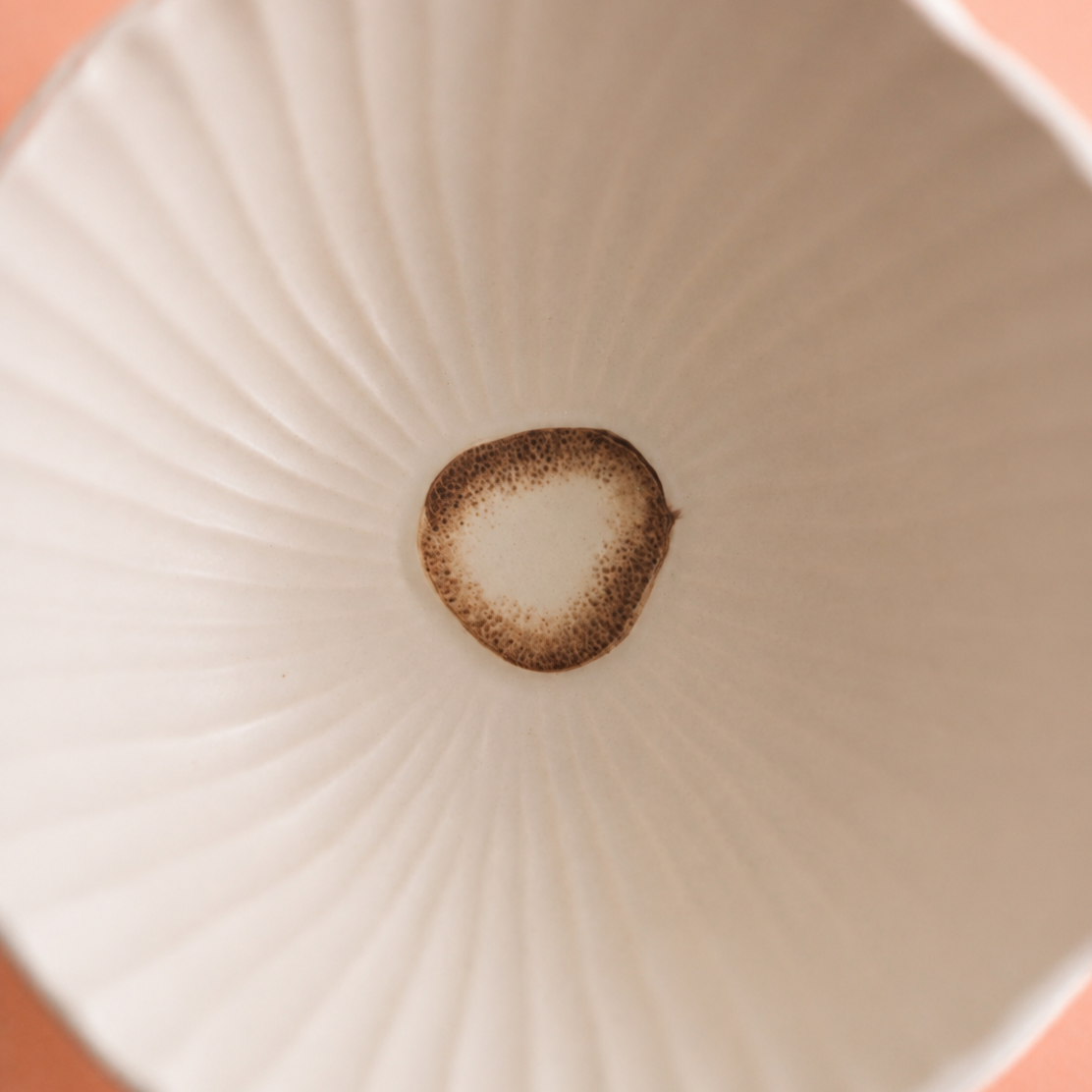 A close-up top-down view of a white ceramic bowl with a ribbed, sunburst-like pattern and a small brown ring detail in the center, set against a solid peach background.