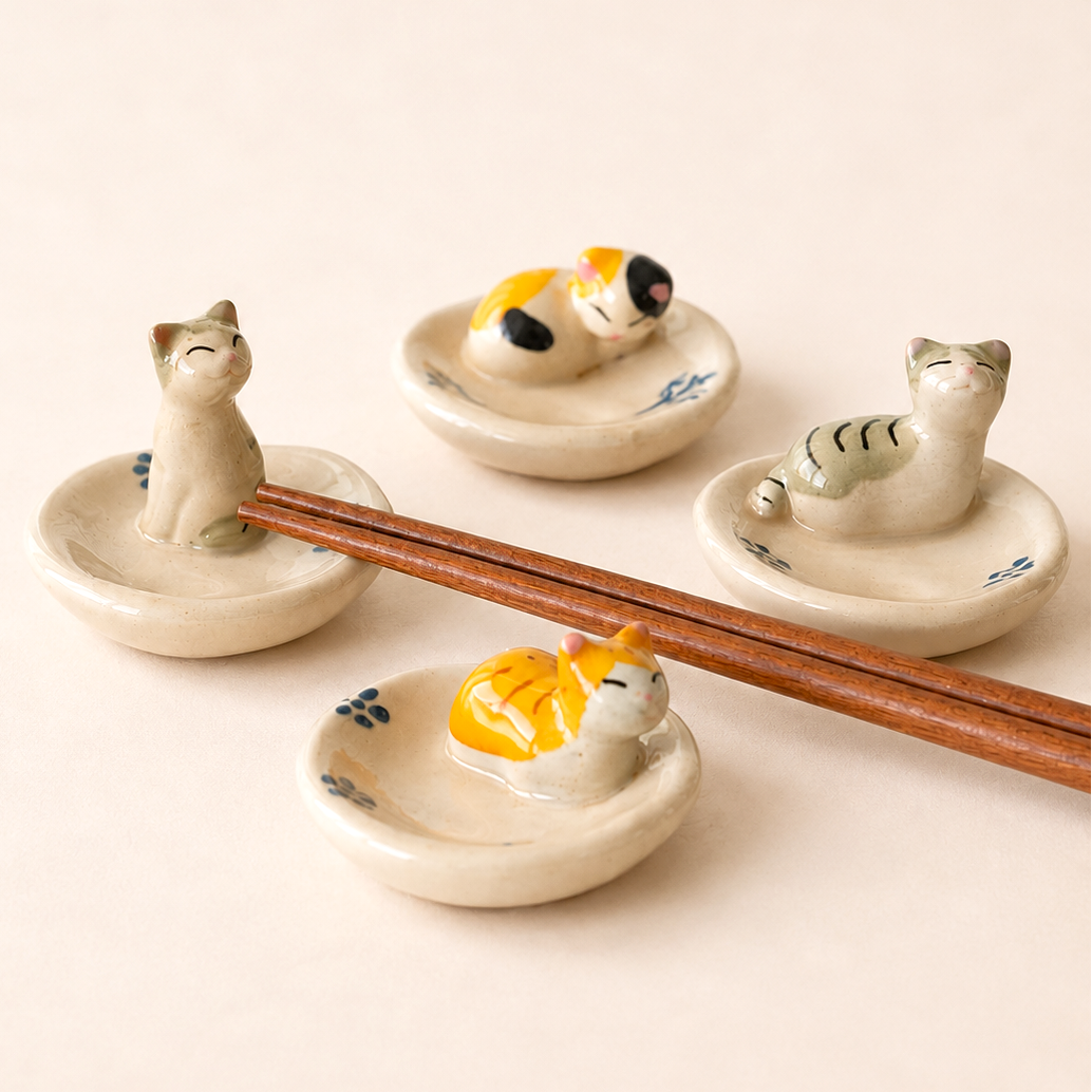 Four ceramic cat-shaped chopstick rests in a warm cream glaze, decorated with hand-painted details in blue, yellow, black, and gray. Two of the rests are holding wooden chopsticks, arranged on a clean, solid, warm beige background.