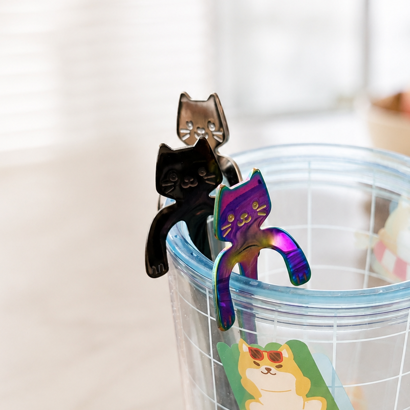 A clear plastic grid tumbler with a light blue rim, decorated with colorful dog-themed and holding three cat-shaped metal teaspoon in a bright indoor setting.