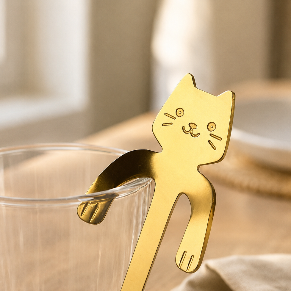 A gold cat-shaped metal spoon resting in a clear ribbed glass on a wooden table, with a beige cloth and softly blurred background.
