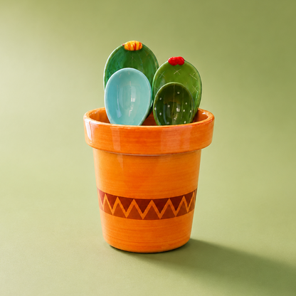A small orange flower measuring cup with a zigzag pattern, holding three painted cactus-shaped spoons in green, light blue, and dark green, set against a solid sage green background.