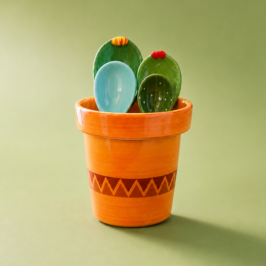 A small orange flower measuring cup with a zigzag pattern, holding three painted cactus-shaped spoons in green, light blue, and dark green, set against a solid sage green background.