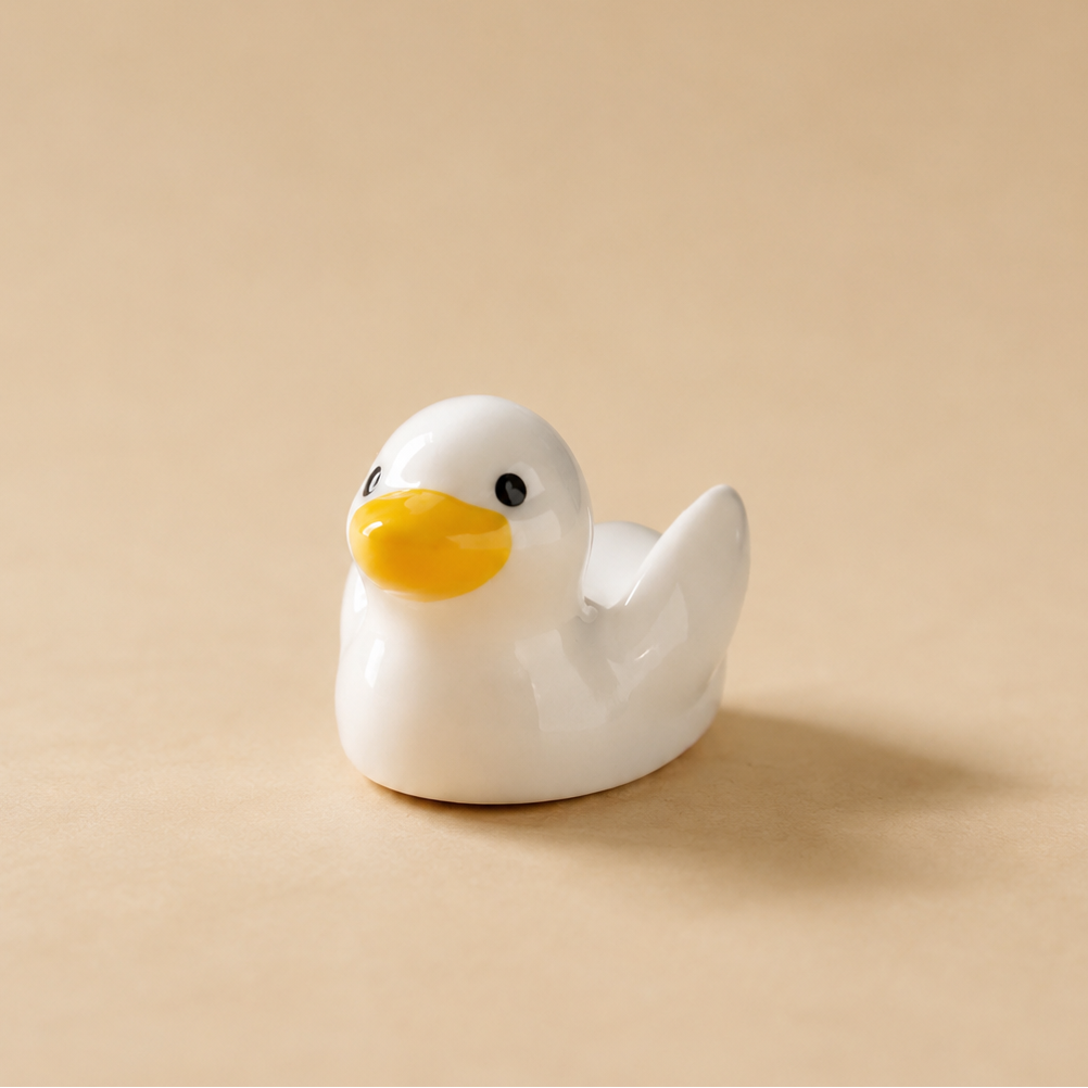 A small white ceramic duck figurine with a yellow beak and black eyes, standing on a warm beige background.