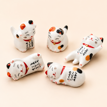 Five white ceramic Maneki-neko lucky cat figurines with black, orange, and red painted details, arranged on a solid pale peach background.
