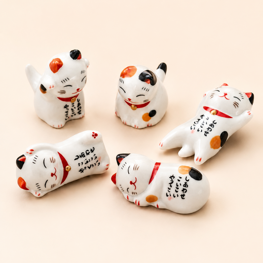Five white ceramic Maneki-neko lucky cat figurines with black, orange, and red painted details, arranged on a solid pale peach background.