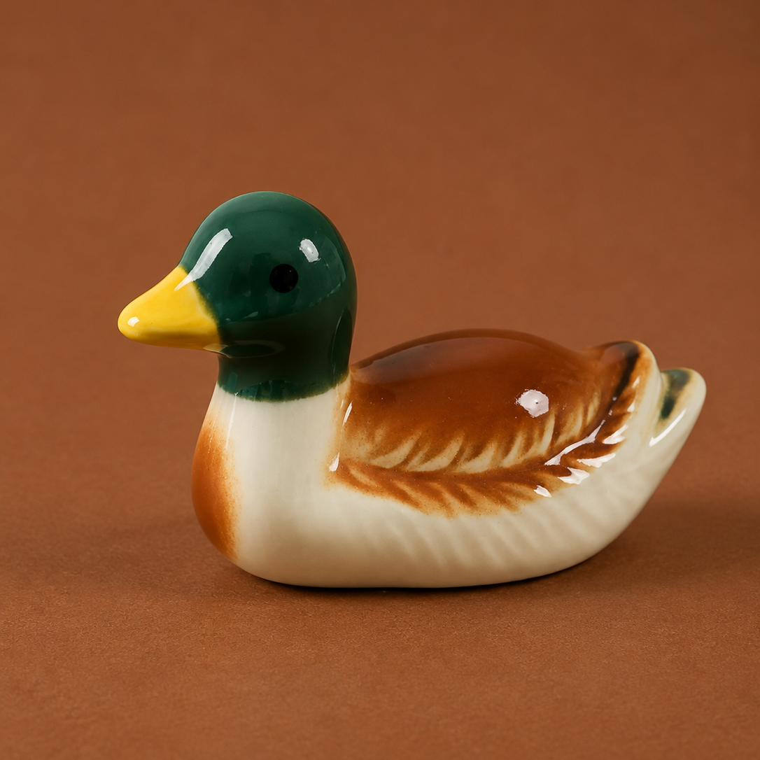 A small ceramic duck figurine and chopstick rests or utensil holder with a glossy green head, yellow beak, brown back, and cream underbody, photographed against a solid warm brown background.