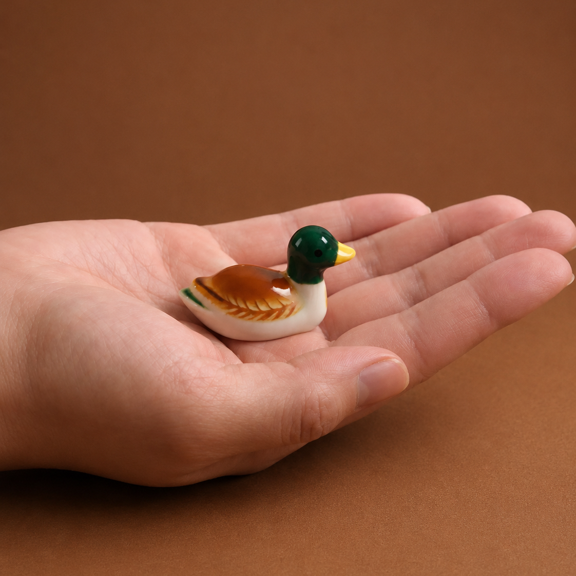 A miniature painted duck figurine and chopstick rests or utensil holder resting on an open human hand against a solid brown background.