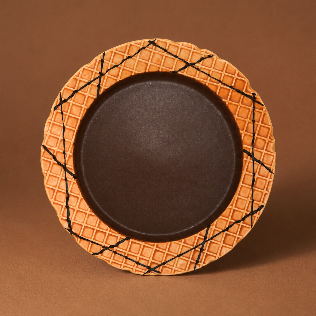 A round decorative plate with a dark brown center and an orange patterned rim featuring black crisscross lines, set against a solid brown background.