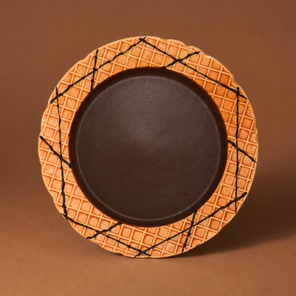 A round decorative plate with a dark brown center and an orange patterned rim featuring black crisscross lines, set against a solid brown background.