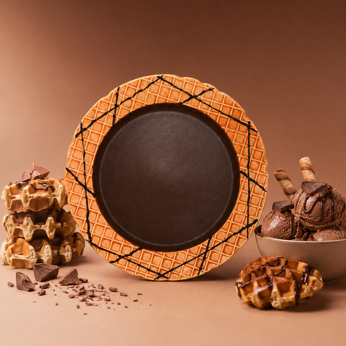 A round decorative plate with a waffle pattern around the rim and a dark center, styled with chocolate waffles, ice cream, and chocolate pieces on a warm brown background.