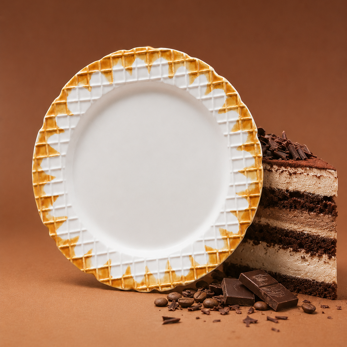 A white ceramic plate with a textured golden-brown geometric patterned rim, styled next to a slice of chocolate cake with chocolate shavings and pieces on a warm brown background.