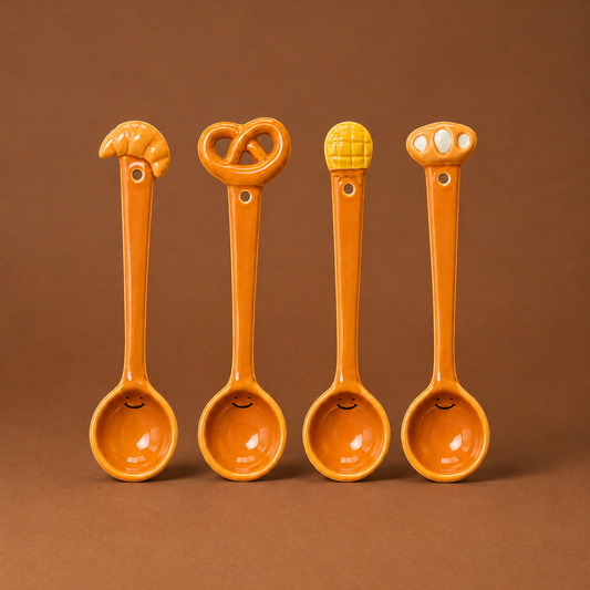 Four orange ceramic measuring spoons with unique, food-themed handles standing upright on a solid brown background. The handles are shaped like a croissant, a pretzel, a pineapple, and a baugette.
