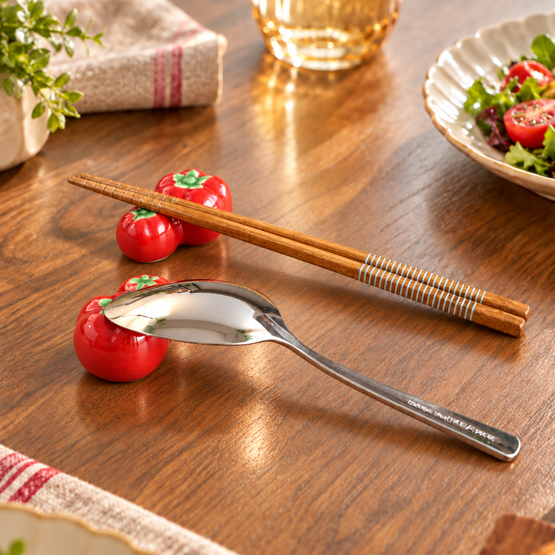 A stainless steel spoon and wooden chopsticks with a striped handle rest on a wooden table, styled with small red tomato ceramic decorations or chopstick rests, plates of food, and a glass in the background.