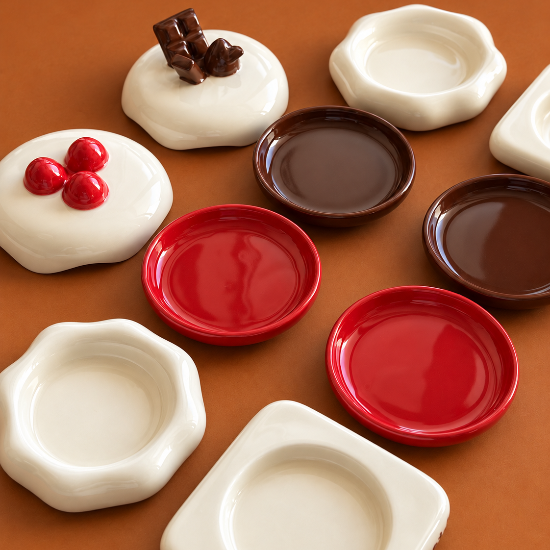A set of small ceramic dishes and small plates in white, red, and dark brown, arranged on a warm brown background. Some white dishes are decorated with miniature chocolate pieces and red candies.