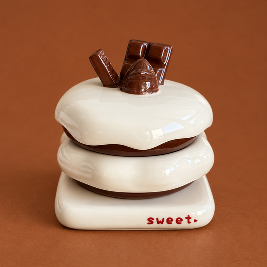 A ceramic s'mores jar or dish set designed to look like a stacked s'mores sandwich with white chocolate, brown chocolate, and dark chocolate pieces on top. The base is white ceramic with the word 'sweet.