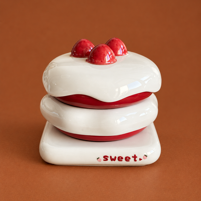 A ceramic decorative container or dish set shaped like a layered dessert or cake, with glossy white glazed layers, red middle layers, three red cherry-like domes on top, and the word 'sweet.' on the front, set against a solid warm brown background.