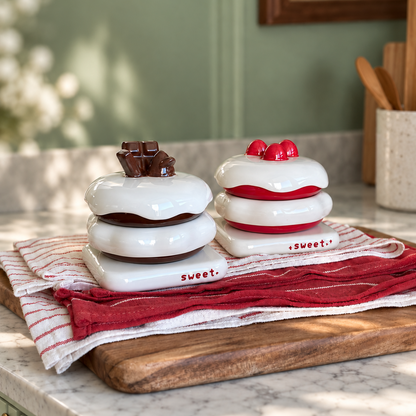 Two ceramic dessert-shaped containers styled like chocolate chip cookies and strawberry shortbread cookies, placed on a wooden cutting board with a striped cloth on a marble countertop in a kitchen setting.