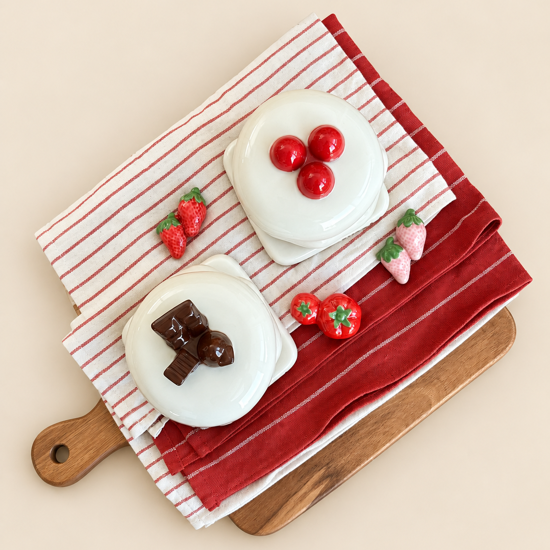 Two round white ceramic dishes or plates with decorative toppings, arranged on a red-and-white striped cloth over a wooden board with small strawberry and cherry props on a beige background.