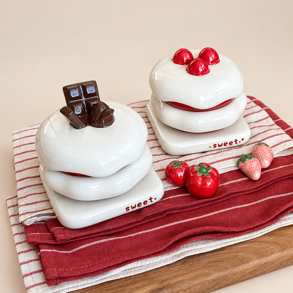 Two ceramic sandwich cookie containers styled like a chocolate cake and a strawberry cake, arranged on a red and white striped cloth over a wooden board against a beige background.