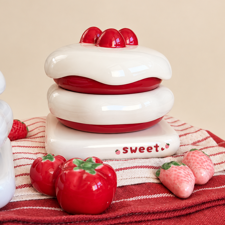 A ceramic dessert-themed container or figurine shaped like a red velvet cake with white frosting and red cherries on top, displayed on a red-and-white striped cloth with small strawberry and raspberry props against a warm beige background.