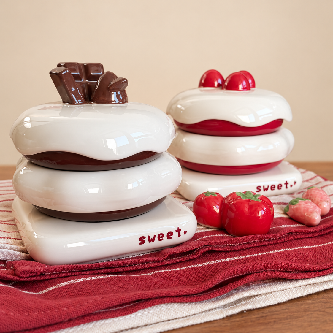 Two ceramic donut-shaped containers or holders styled like layered cakes, one with chocolate frosting and toppings, and one with red frosting and red fruit toppings, placed on a striped red-and-beige cloth on a wooden surface against a plain beige background.