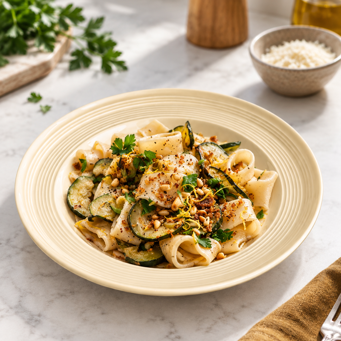 A plate of pasta with zucchini, garnished with parsley and breadcrumbs, served on a marble table with dining props.