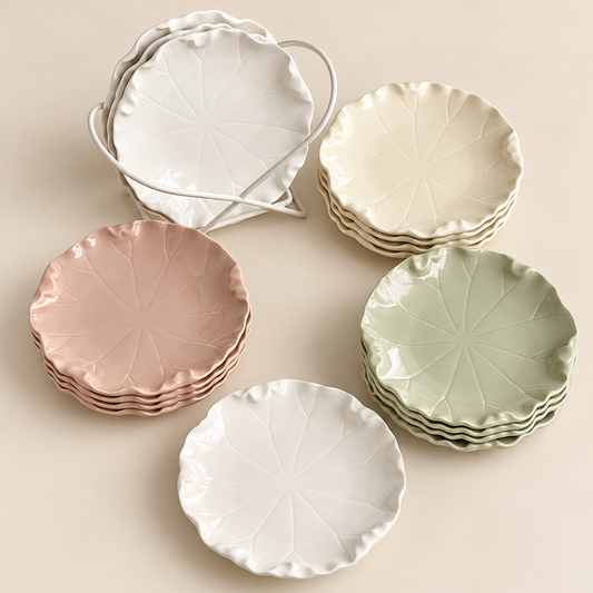 Five ceramic leaf-shaped plates in white, cream, blush pink, sage green, and light gray, arranged on a warm beige background. One white plate is shown with its metal stand.