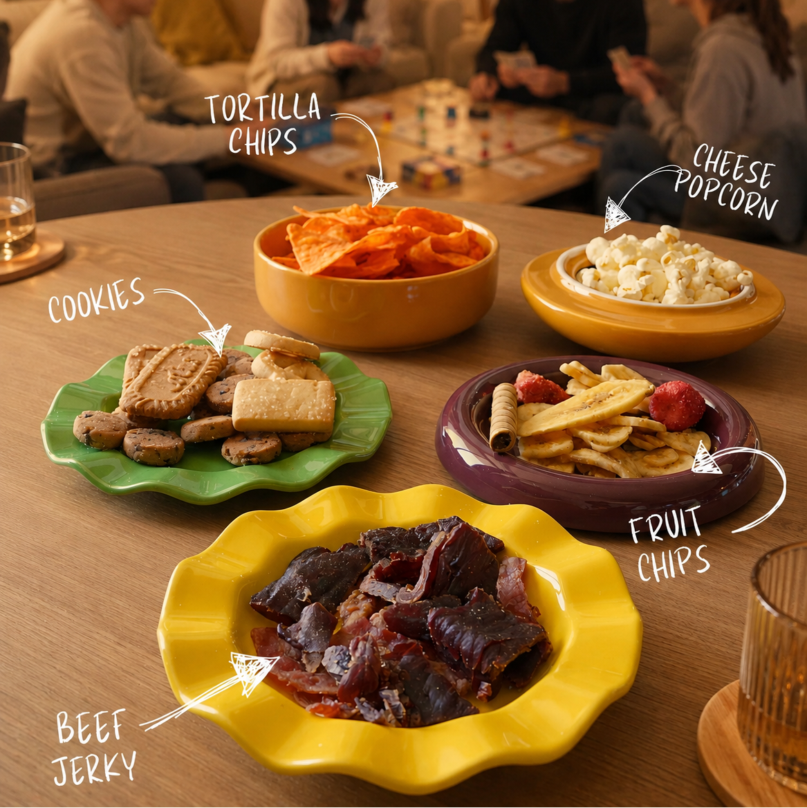 A cozy indoor gathering scene showing several people seated around a wooden table with labeled snack bowls and plates: beef jerky, tortilla chips, cookies, cheese popcorn, and fruit chips.