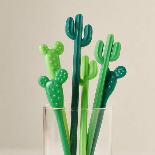 Five green cactus-shaped Stirring Spoon and sticks, arranged in a clear glass cup against a plain beige background.