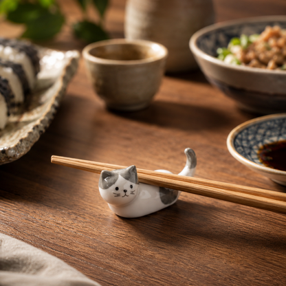 A small white and gray cat-shaped chopstick holder on a wooden table, holding a pair of wooden chopsticks. The scene includes ceramic bowls, a small cup, and a plate of sushi in a softly lit dining setting.