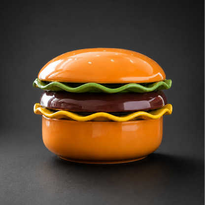 A glossy ceramic container shaped like a hamburger, featuring an orange bun, brown patty, green lettuce, and yellow cheese, set against a dark gray background.